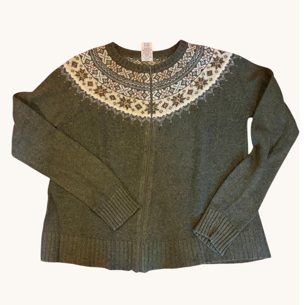 HIGH SIERRA Vintage Women's Fair Isle Sweater MEDIUM Olive Full Zip Beaded